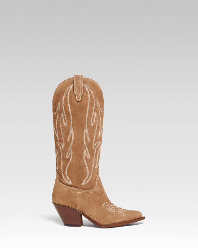 RUIDOSO Women's Knee Boots in Taupe Suede | Ecru Embroidery