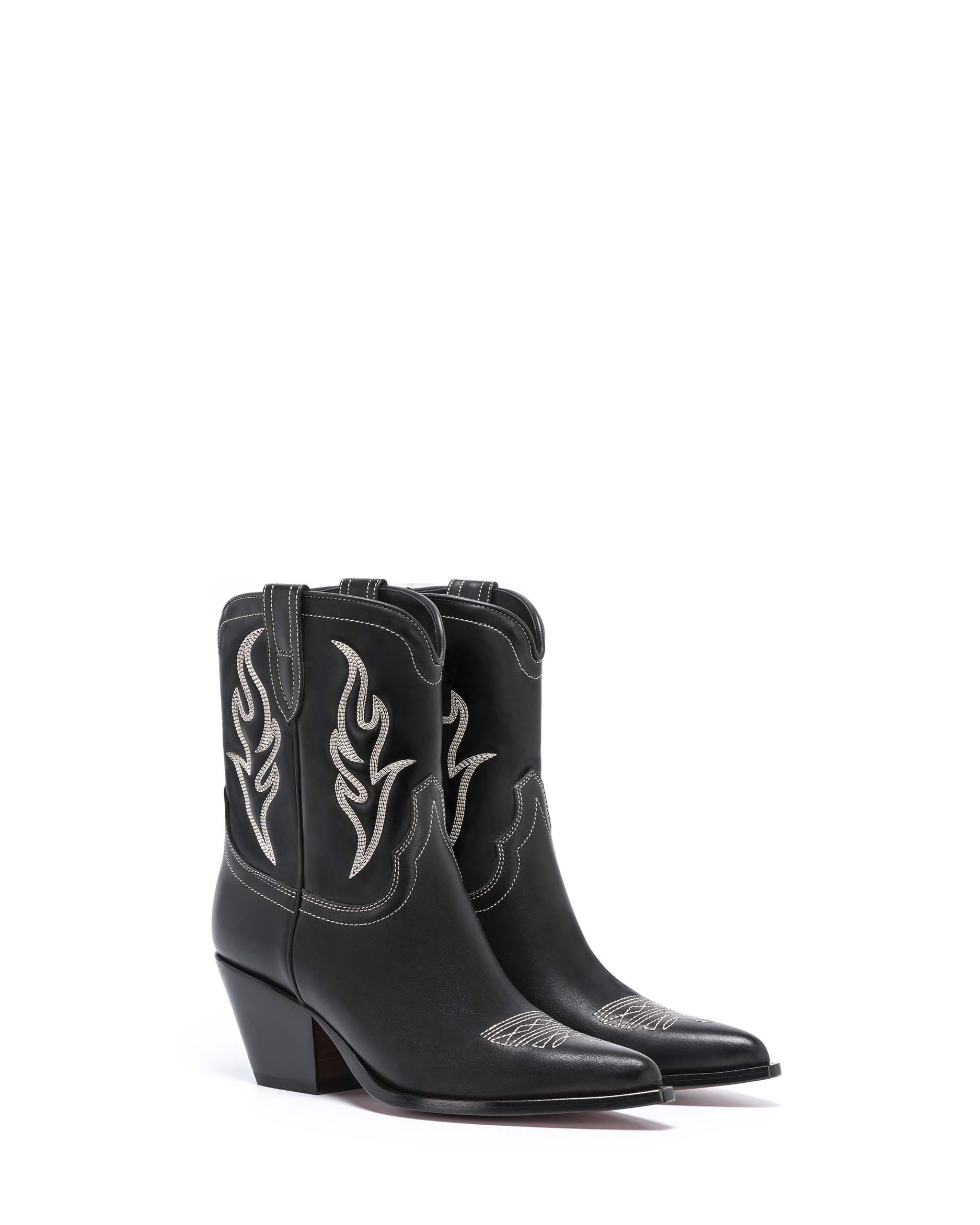 PERLA Women's Ankle Boots in Black Calf Leather | Off-White Embroidery_Front_02